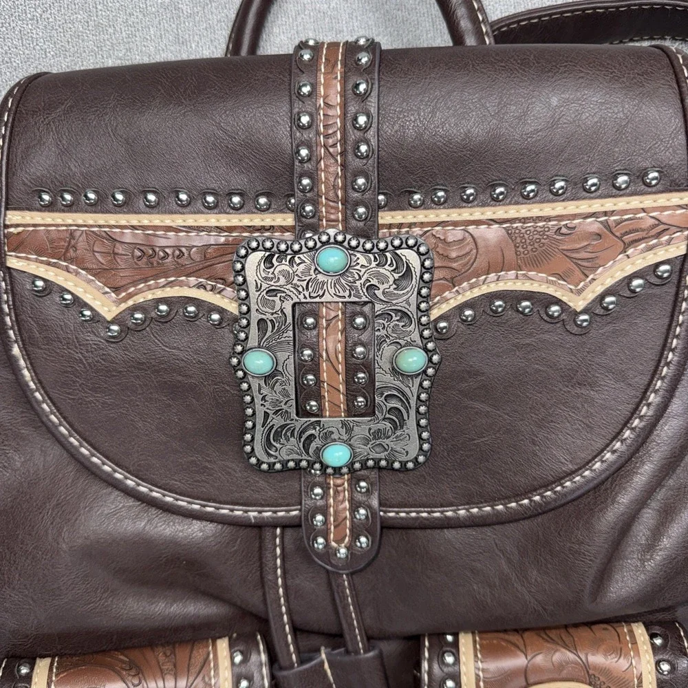 Montana West Western Backpack Purse Brown Studded Tooled Turquoise Cowgirl Bag